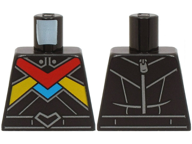 Lego Torso Racing Suit with Red, Dark Azure and Bright Light Orange Stripes, Dark Silver Lines and Zipper on Back Pattern / Black