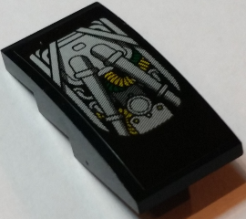 Lego Slope, Curved 4 x 2 with Enclosed Race Car Engine Mechanical Pattern (Sticker) - Set 75908 / Black