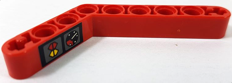 Lego Technic, Liftarm, Modified Bent Thick 1 x 9 (6 - 4) with Black Gauge and Red and Yellow Buttons Pattern Model Right Side (Sticker) - Set 8443 / Red