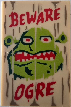 Lego Tile 2 x 3 with Dark Tan Wood Grain, Red 'BEWARE', 'OGRE', Dark Green and Lime Shrek Face Pattern