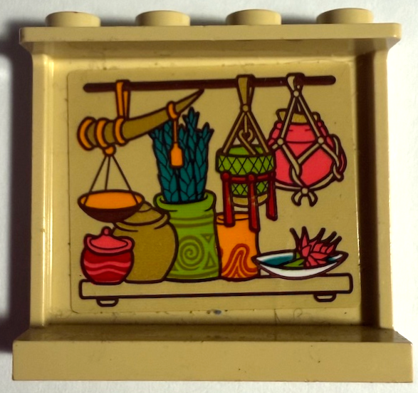 Lego Panel 1 x 4 x 3 with Side Supports - Hollow Studs with Hanging Baskets and Horn, Dragon Fruit in Dish and Pots on Shelf Pattern (Sticker) - Set 43185 / Tan