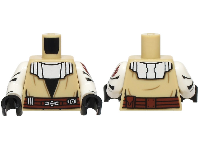 Lego Torso SW Robe, White Collar, Reddish Brown Belt with Pouch and Silver Buckle Pattern / White Arms with Jedi Crest and Compad Pattern / Black Hands