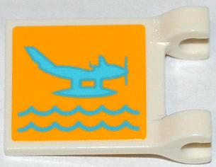 Lego Flag 2 x 2 Square with Flat Edge with Medium Azure Seaplane and Waves on Yellow Background Pattern on Both Sides (Stickers) - Set 3063