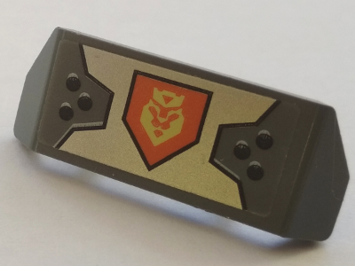 Lego Vehicle, Spoiler with Bar Handle with Silver Armor Plate, Bright Light Yellow King Symbol on Orange Pentagonal Shield Pattern (Sticker) - Set 70327 / Dark Bluish Gray