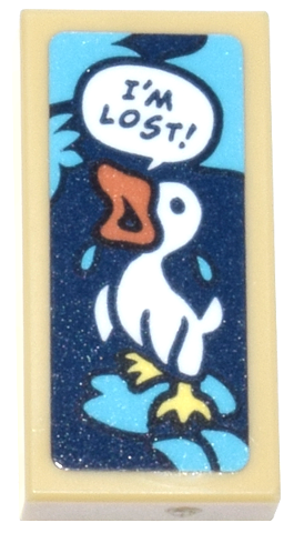Lego Tile 1 x 2 with White Duckling and Speech Bubble, Dark Blue 'I'M LOST!' and Medium Azure Tears Pattern (Sticker) - Set 43268