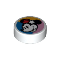 Lego Tile Round 1 x 1 with Minnie Mouse on Dark Turquoise/Blue/Bright Light Orange Background Print / White