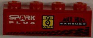 Lego Brick 1 x 4 with 'SPARK PLUX' and 'EYE WEAR' and 'MAX HEAT EXHAUST' and Tire Tracks Pattern (Sticker) - Set 8186