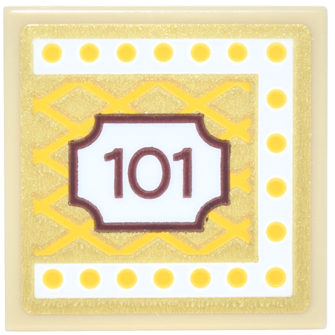Lego Tile 2 x 2 with Gold Marquee Sign, Reddish Brown Number 101, White Border with Yellow Dots and Diamond Lattice Pattern Model Left Side (Sticker) - Set 43302 / Tan