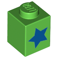 Lego Brick 1 x 1 with Blue Star Print / Bright Green