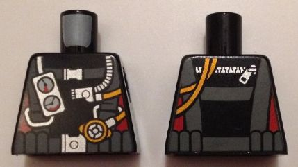 Lego Torso Diving Suit with Dark Bluish Gray Harness, Gauges on Front, Hoses and Zipper on Back, Red Stripes on Sides Pattern / Black
