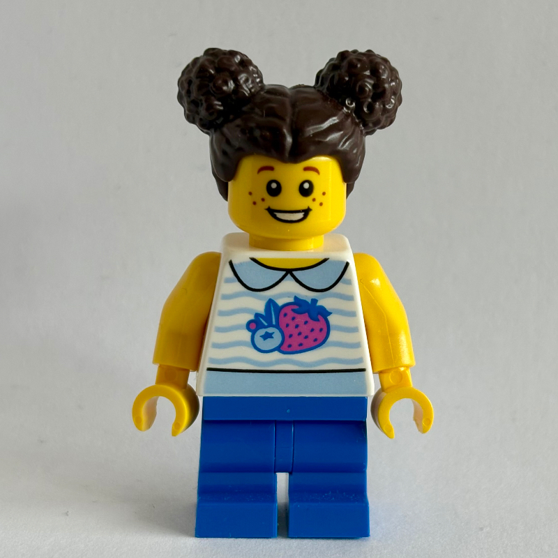 Lego Girl, White Torso, Blue Medium Legs, Dark Brown Hair