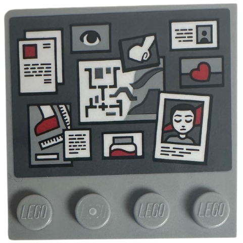 Lego Tile, Modified 4 x 4 with Studs on Edge with Red, White, and Black Eye, Thing, Heart, Pictures and Notes on Dark Bluish Gray Background Pattern (Sticker) - Set 76781 / Light Bluish Gray