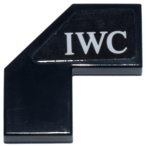 Lego Tile, Modified Facet 2 x 2 with White 'IWC' Logo Pattern Model Left Side (Sticker) - Set 77244 / Black