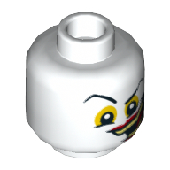 Lego Minifig Head Joker, Raised Eyebrow, Yellow Eyes and Wide Crooked Grin with Red Lips and Yellowish Green Teeth Print [Hollow Stud] / White