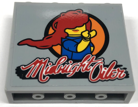 Lego Panel 1 x 4 x 3 with Side Supports - Hollow Studs with Minifigure with Red Hair and 'Midnight Oiler' Pattern Model Right Side (Sticker) - Set 76947