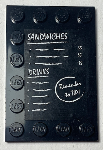 Lego Tile, Modified 4 x 6 with Studs on Edges with 'SANDWICHES' and 'DRINKS' and 'Remember to TIP!' Pattern (Sticker) - Set 70812 / Black