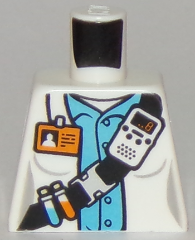 Lego Torso Town Scientist Female with White Shirt Over Medium Blue Shirt, Name Tag, Beakers, and Radio Pattern / White