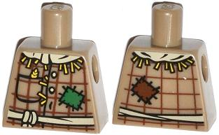 Lego Torso Plaid Button Shirt with Straw, Wheat Spike in Pocket, Patches and Rope Belt Pattern / Dark Tan