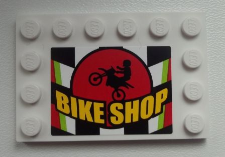 Lego Tile, Modified 4 x 6 with Studs on Edges with Motorcycle and 'BIKE SHOP' on Checkered Background Pattern (Sticker) - Set 60026