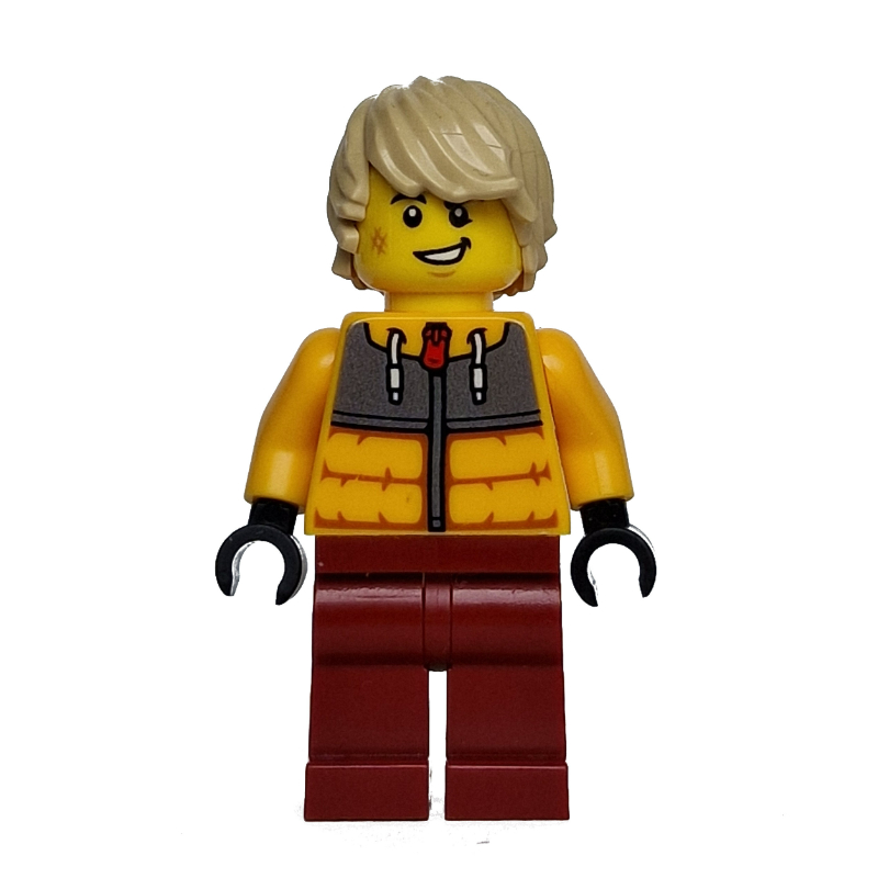 Lego Snowboarder, Bright Light Orange Jacket, Dark Red Legs
