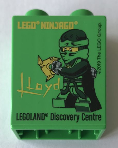 Lego Duplo, Brick 1 x 2 x 2 with LEGO Ninjago Lloyd LEGOLAND Discovery Centre Pattern / Bright Green