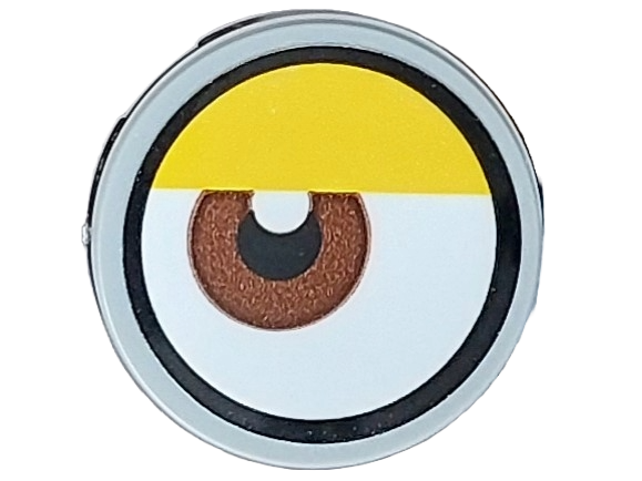 Lego Tile, Round 2 x 2 with Bottom Stud Holder with White Eye with Off-Center Reddish Brown Iris and Partially Closed Yellow Eyelid Pattern 1 (Sticker) - Set 75582