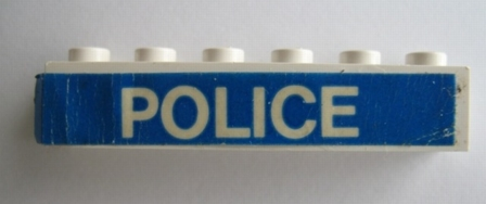 Lego Brick 1 x 6 with White 'POLICE' on Blue Background Pattern (Sticker) - Set 364 / White