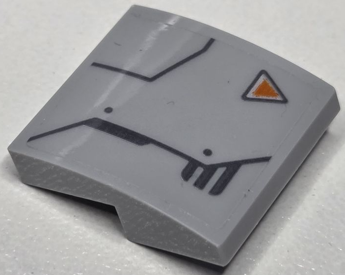 Lego Slope, Curved 2 x 2 x 2/3 with Armor Plates with Dark Bluish Gray Outlines and Rivets and Orange Triangle Pattern Model Left Side (Sticker) - Set 76232