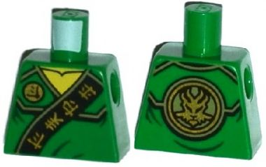 Lego Torso Ninjago Robe with Gold Asian Characters on Black Sash and Lloyd Power Emblem Pattern / Green