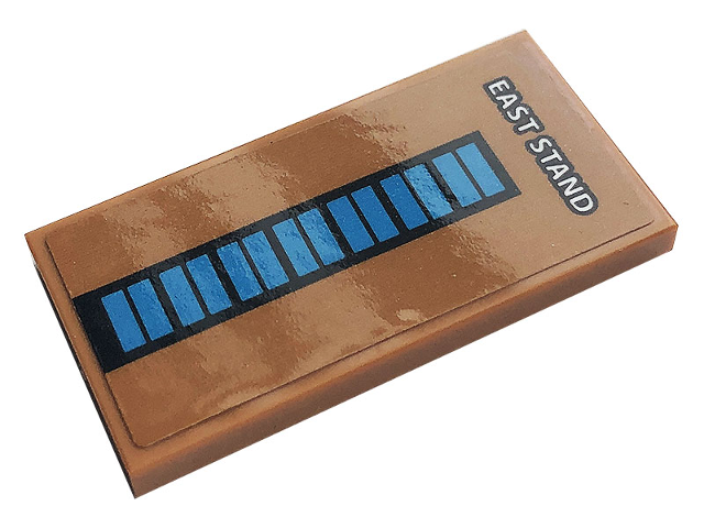 Lego Tile 2 x 4 with White 'EAST STAND' and Blue Rectangles Pattern (Sticker) - Set 10272 / Medium Nougat