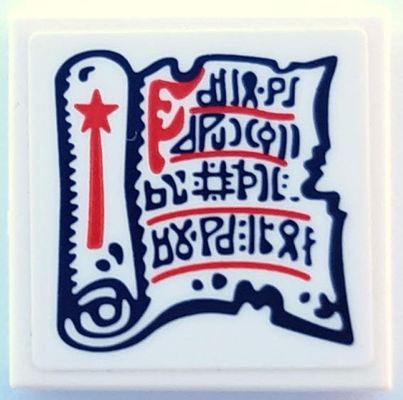 Lego Tile 2 x 2 with Magic Scroll with Black Runes and Red Wand on White Background Pattern (Sticker) - Set 40601