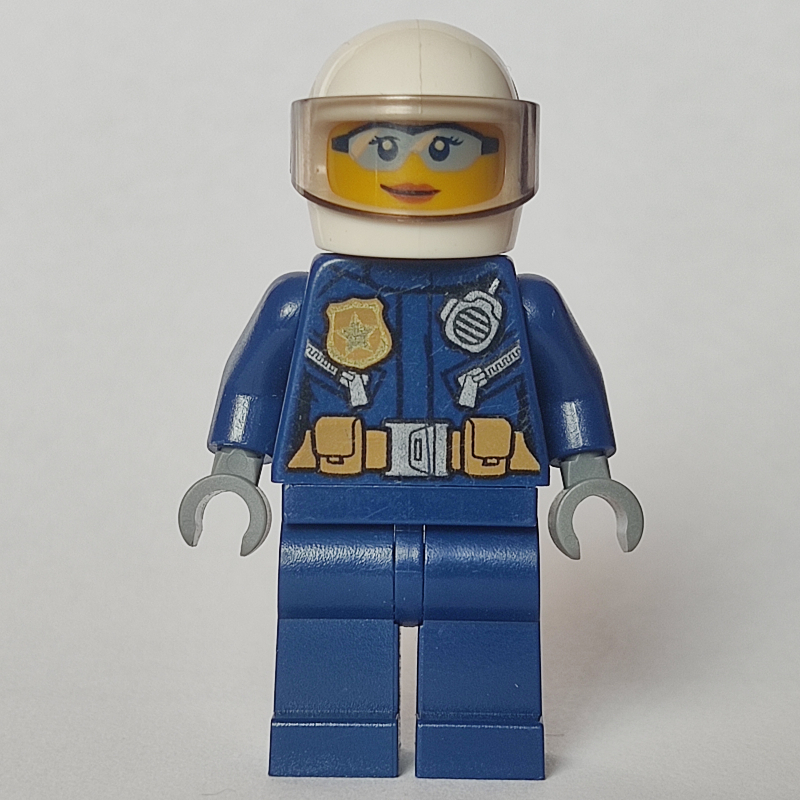 Lego Policewoman, Dark Blue Jacket with Radio, Badge, and Belt with Pouches, White Helmet with Visor, Light Blue Sunglasses