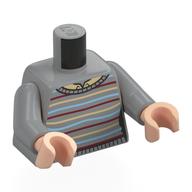 Lego Torso Sweater with Bright Light Yellow, Dark Red, and Sand Blue Lines, Tan Shirt, Print, Light Bluish Gray Arms, Light Nougat Hands / Light Bluish Gray