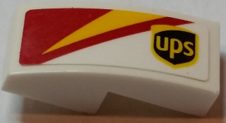 Lego Slope, Curved 2 x 1 x 2/3 with ups Logo and Red and Yellow Pattern Model Left Side (Sticker) - Set 75908 / White