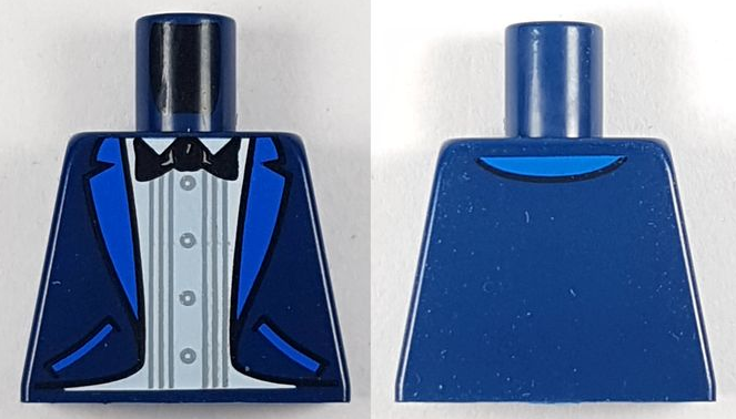 Lego Torso Tuxedo Jacket with Blue Lapels and Pockets, White Shirt, Black Bow Tie Pattern (BAM) / Dark Blue