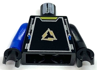 Lego Torso Alpha Team Arctic Uniform with Copper Lightning Bolts in Triangle Logo and Silver Zippers with Blue Tabs, Yellow Neck Pattern / Black Arm Left / Blue Arm Right / Black Hands