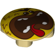 Lego Plate Round 2 x 2 with Rounded Bottom with Face with Red Tongue, Reddish Brown Fur Print / Tan