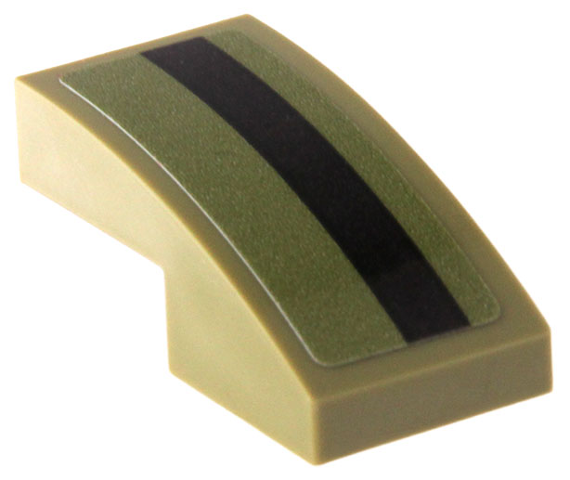 Lego Slope, Curved 2 x 1 x 2/3 with Black Stripe Pattern Model Left Side (Sticker) - Set 76923 / Olive Green