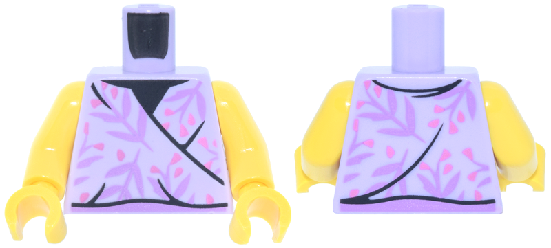 Lego Torso Sleeveless Wrap Top, Black Trim, Medium Lavender Leaves and Coral Flowers Pattern / Yellow Arms / Yellow Hands