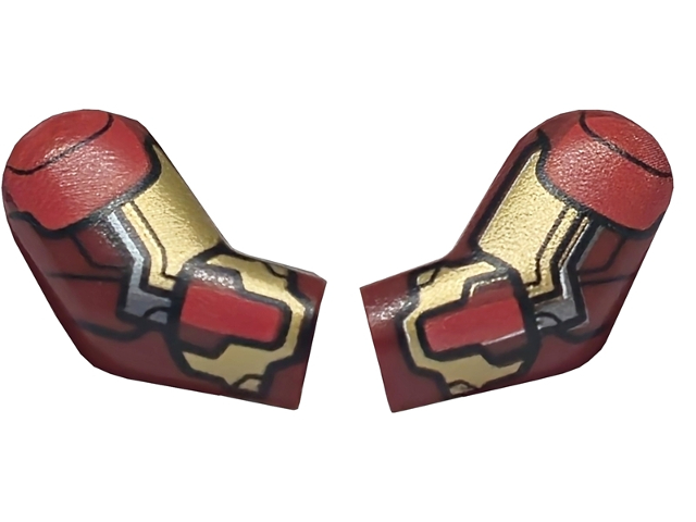 Lego Arm, (Matching Left and Right) Pair with Gold and Silver Armor Plates, Red Shoulders and Panels with Black Outlines Pattern / Dark Red