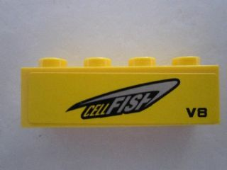 Lego Brick 1 x 4 with 'CELLFISH' and 'V8' on Yellow Background Pattern Model Left Side (Sticker) - Set 8495 / Yellow