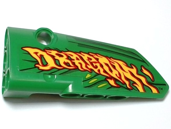 Lego Technic, Panel Fairing # 3 Small Smooth Long, Side A with Red and Yellow 'DRAGON' Flames, Lime and Dark Green Scales and Skin Background Pattern (Sticker) - Set 42149