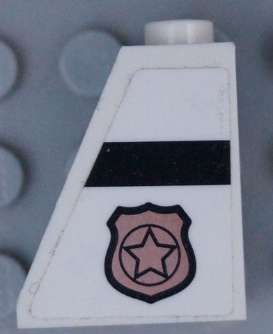 Lego Slope 65 2 x 1 x 2 with Police Badge with Star Logo and Black Stripe Pattern Model Left Side (Sticker) - Set 60131 / White