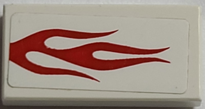 Lego Tile 1 x 2 with Red Flames on White Background Pattern Model Right Side (Sticker) - Set 8182