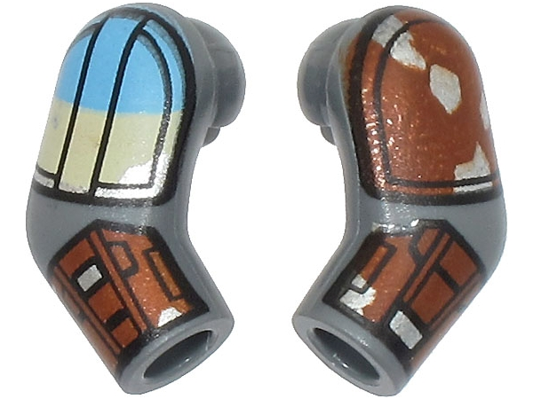 Lego Arm, (Matching Left and Right) Pair with Reddish Brown, Tan, Bright Light Blue and Silver Shoulder Pads and Armor Pattern / Dark Bluish Gray