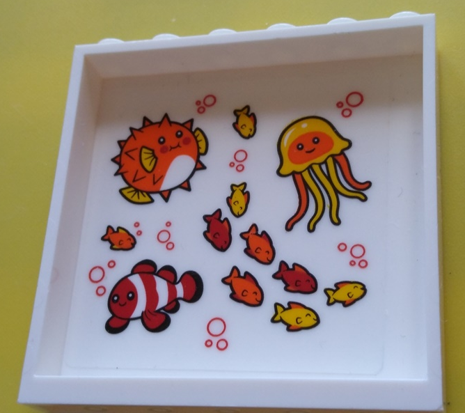 Lego Panel 1 x 6 x 5 with Red, Orange, and Bright Light Orange Fish, Pufferfish, Clownfish, and Jellyfish Pattern on Inside (Sticker) - Set 60204 / White