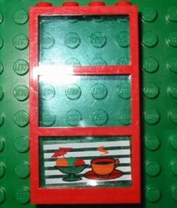 Lego Window 1 x 4 x 6 with 3 Panes with Fixed Trans-Light Blue Glass with Ice Cream and Coffee Pattern (Sticker) - Set 4556 / Red