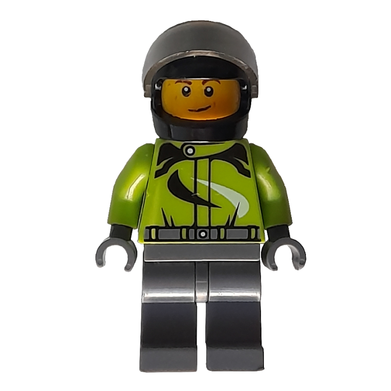 Lego Racer, Lime Jacket, Dark Bluish Gray Legs, Black Helmet with Visor