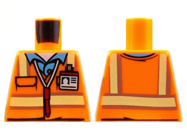 Lego Torso Safety Vest with Reflective Stripes over Medium Blue Shirt, ID Badge, Red Pen Around Neck Pattern / Orange