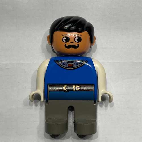 Lego Duplo Figure, Early, with Short Parted Hair Black, Dark Gray Legs, White Arms, Moustache (Actor)